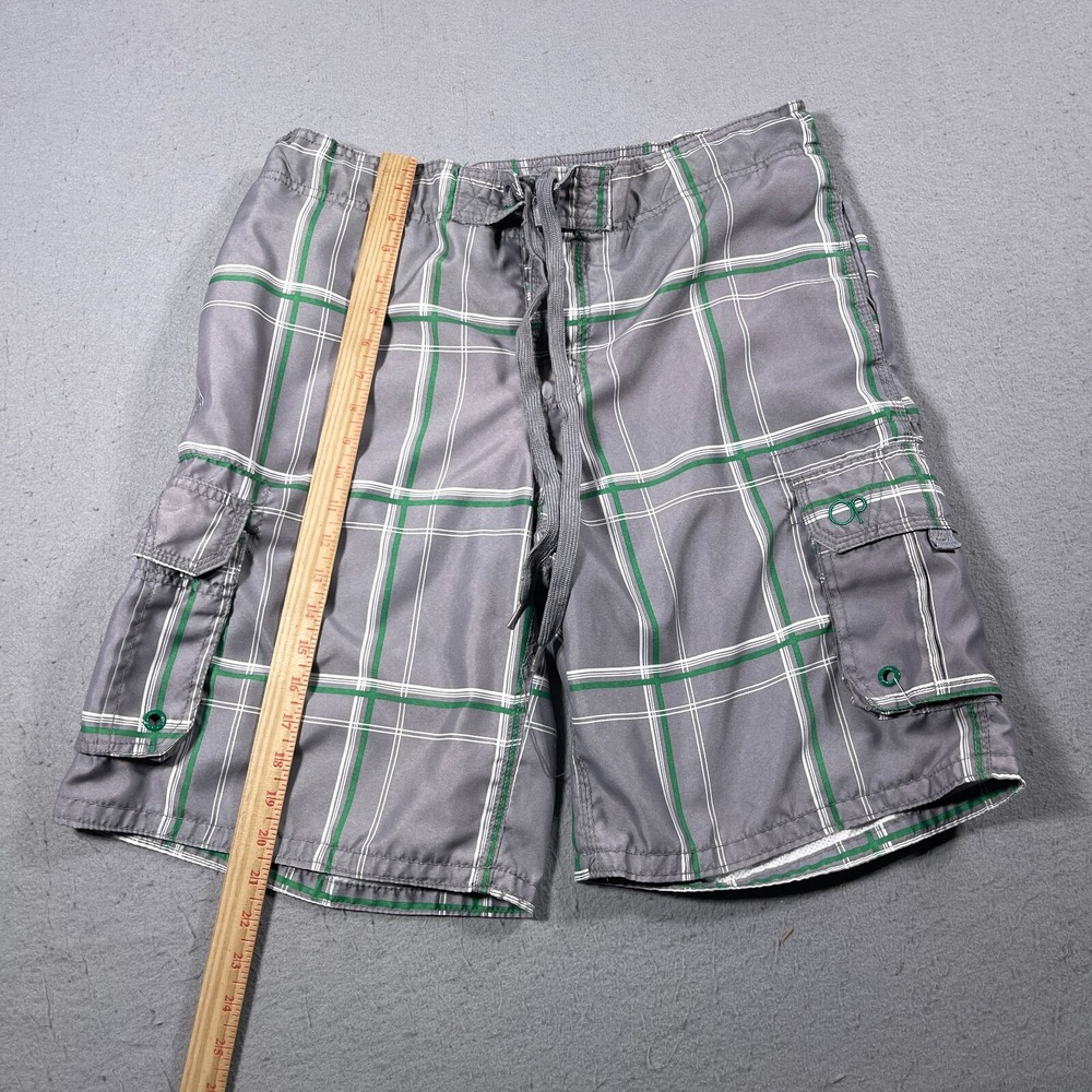 Ocean Pacific Plaid Board Shorts Men Medium Grey Green Cargo Swim Trunks Vintage - Picture 2 of 9